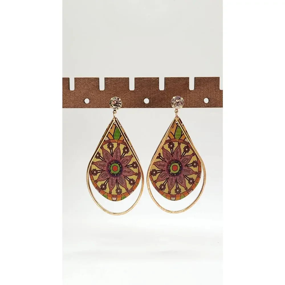 Boho Teardrop Mandala Print Wood and Gold Tone Frame Dangle Statement Earrings